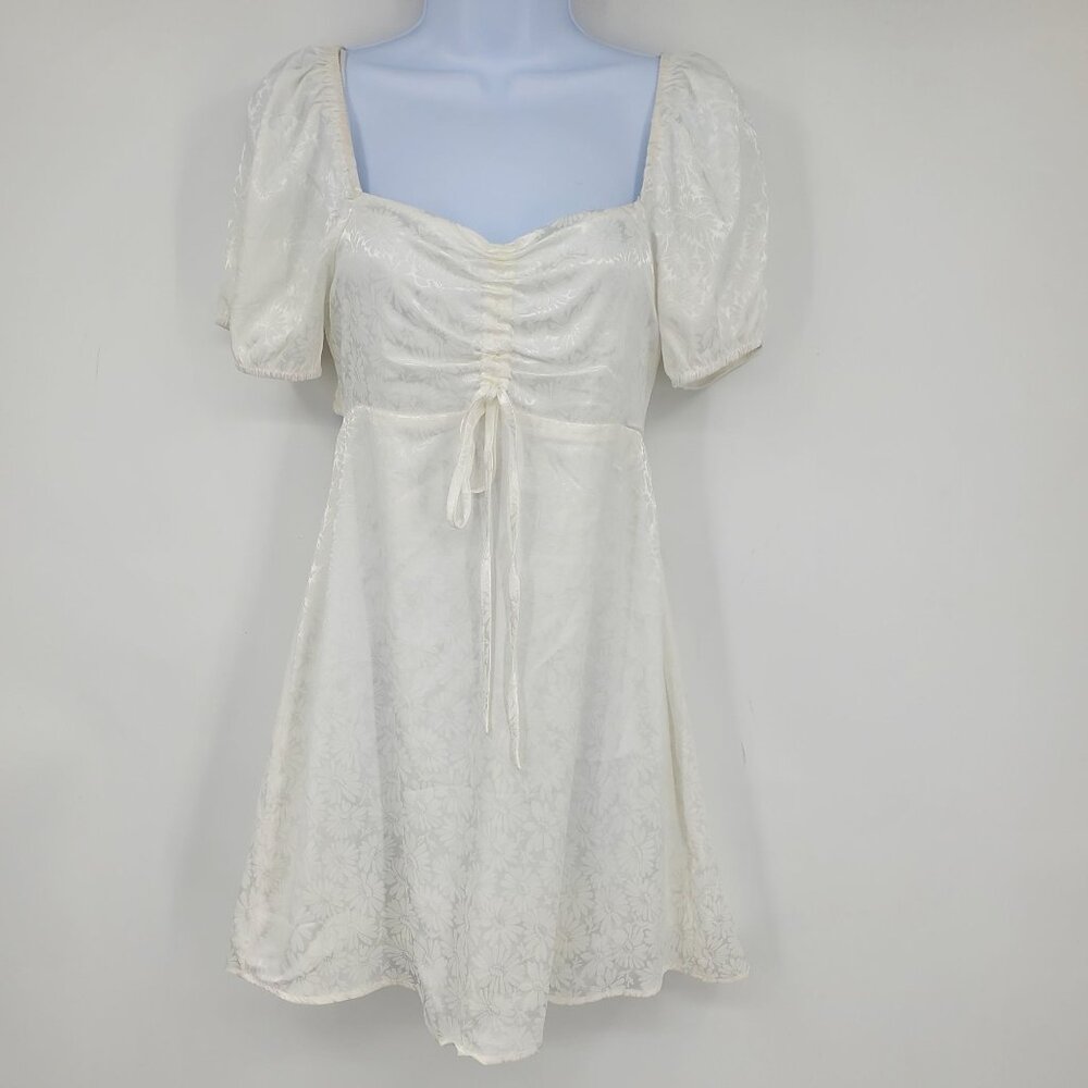 Altar'd State Satin Jacquard Floral Print White Gathered Front Mini Dress XS